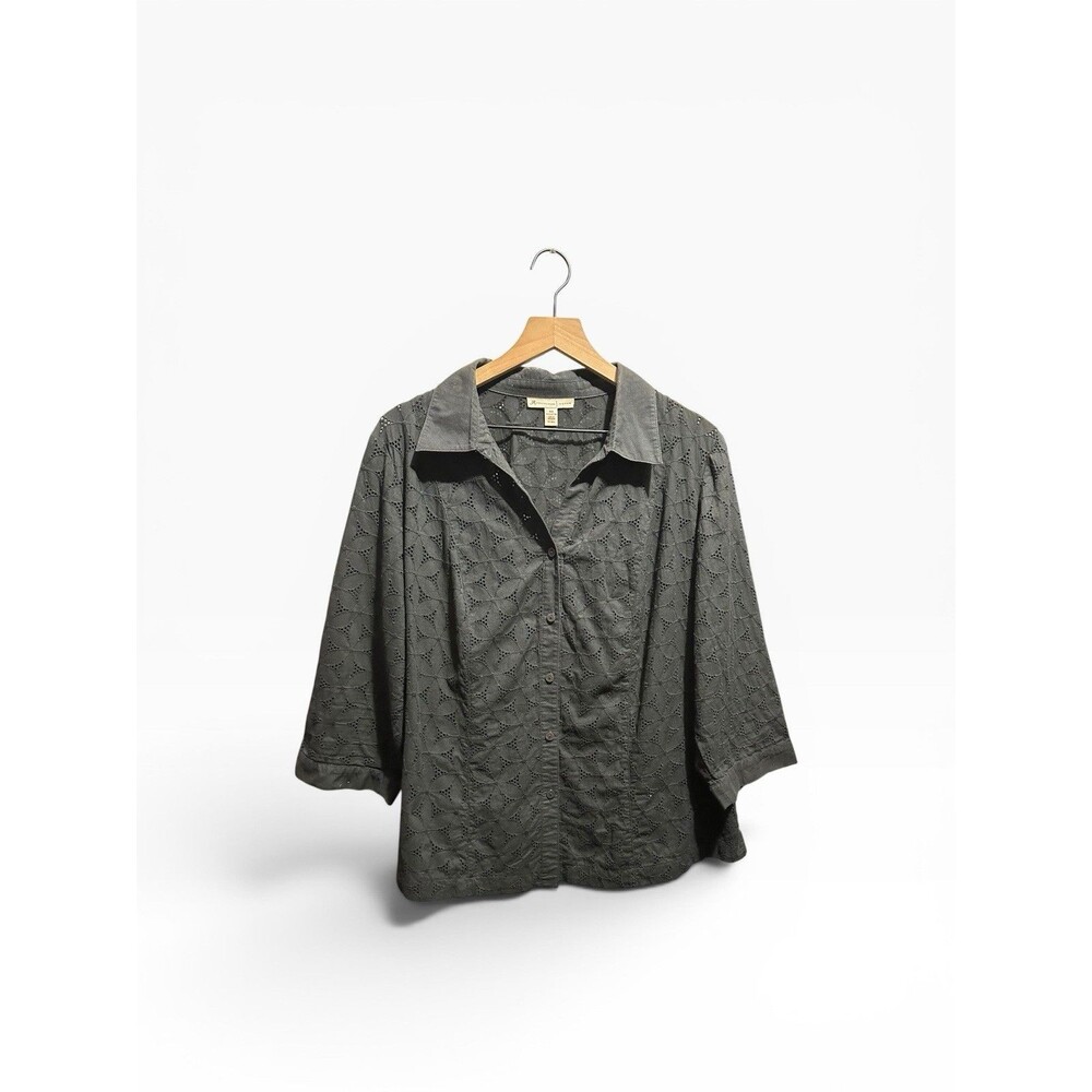 JM Collection Eyelet Blouse Womens 18W Black 100% Cotton Office Chic